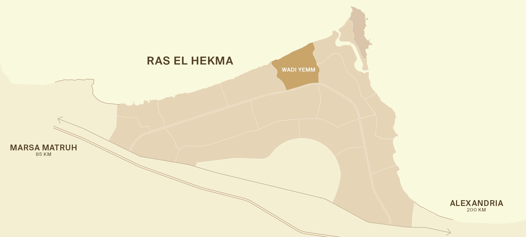 Modon’s city overview with Wadi Yemm highlighted