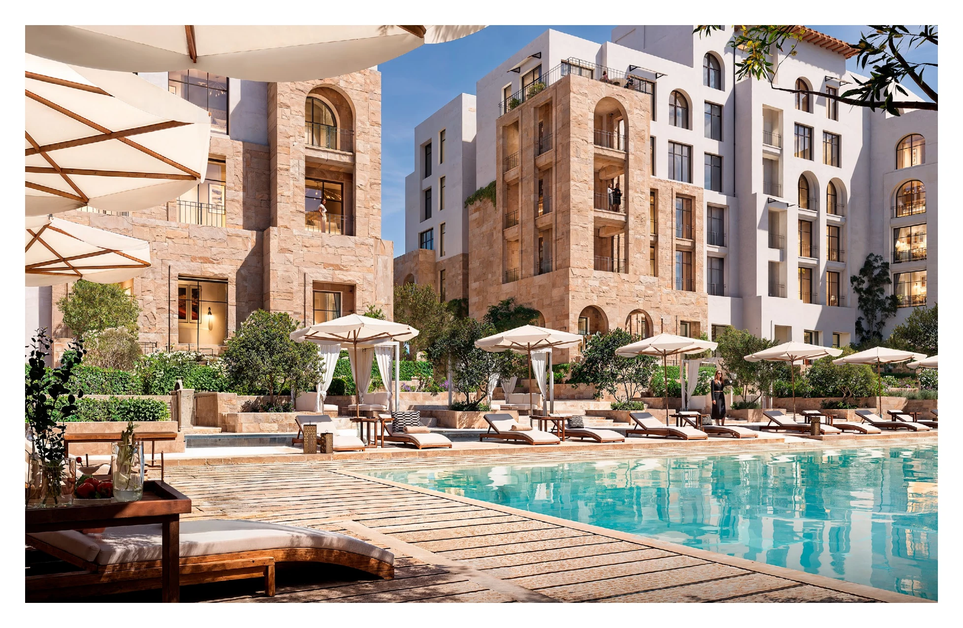 Proposed Boulevard courtyard illustration with buildings, loungers and a water feature.