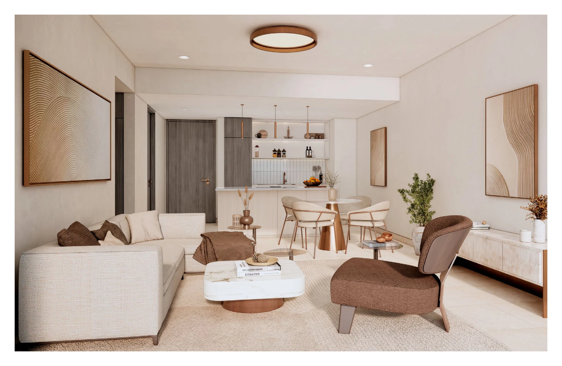 Proposed combined living, dining and kitchen illustration with a sofa, dining table and counter.