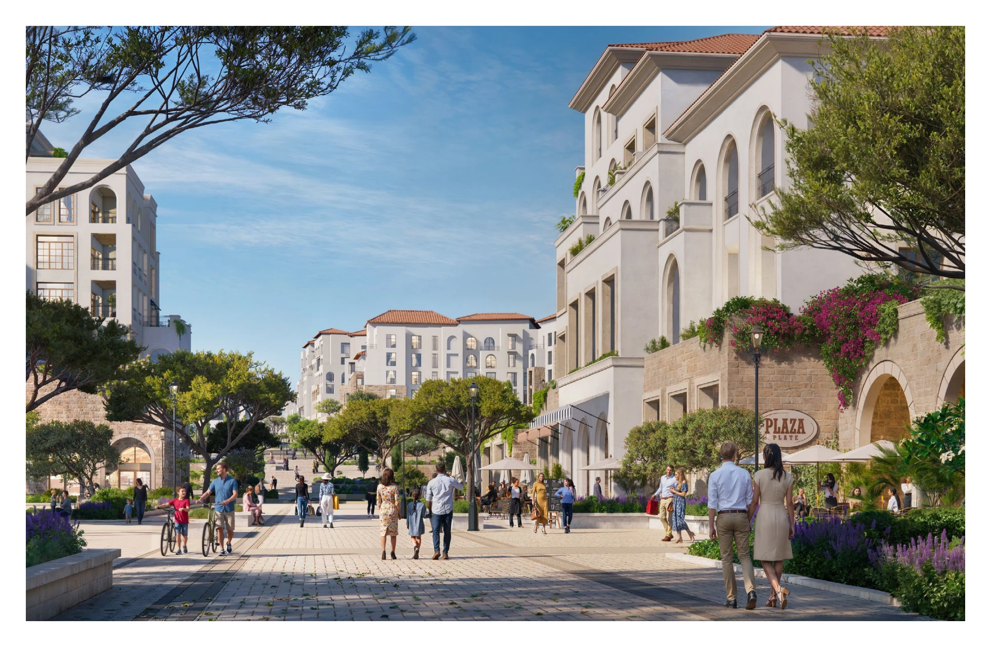 Proposed pedestrian street illustration with landscaping, people and illustrated shops.