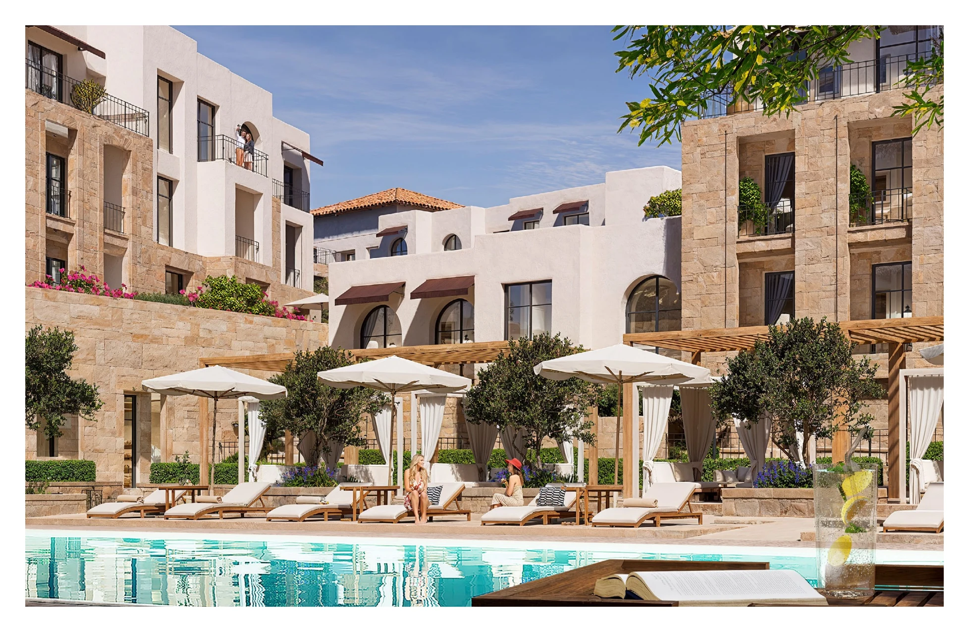 Proposed water-side courtyard illustration with buildings and sun loungers.