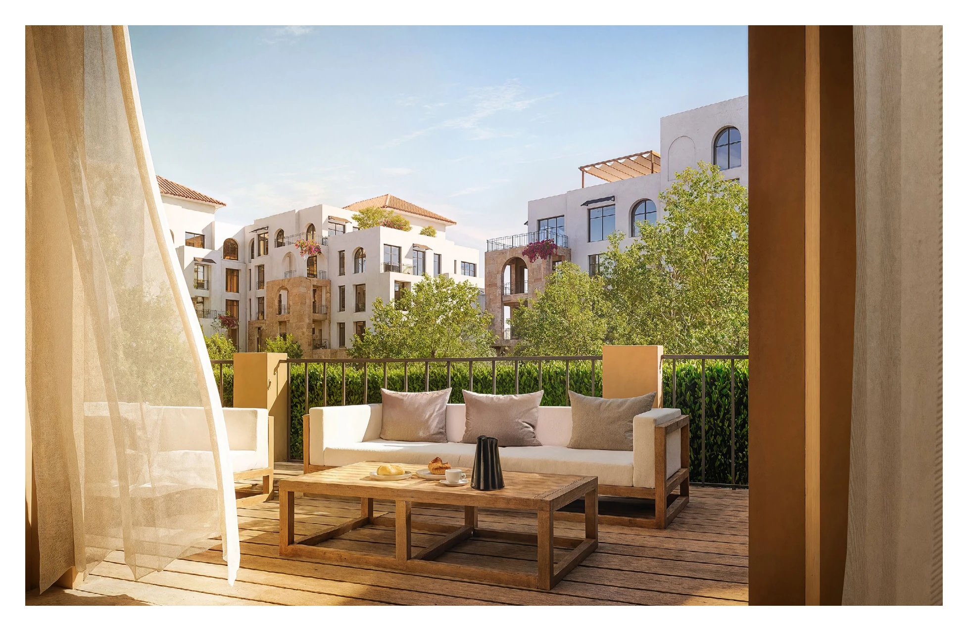 Proposed furnished terrace illustration facing other buildings and landscaping.