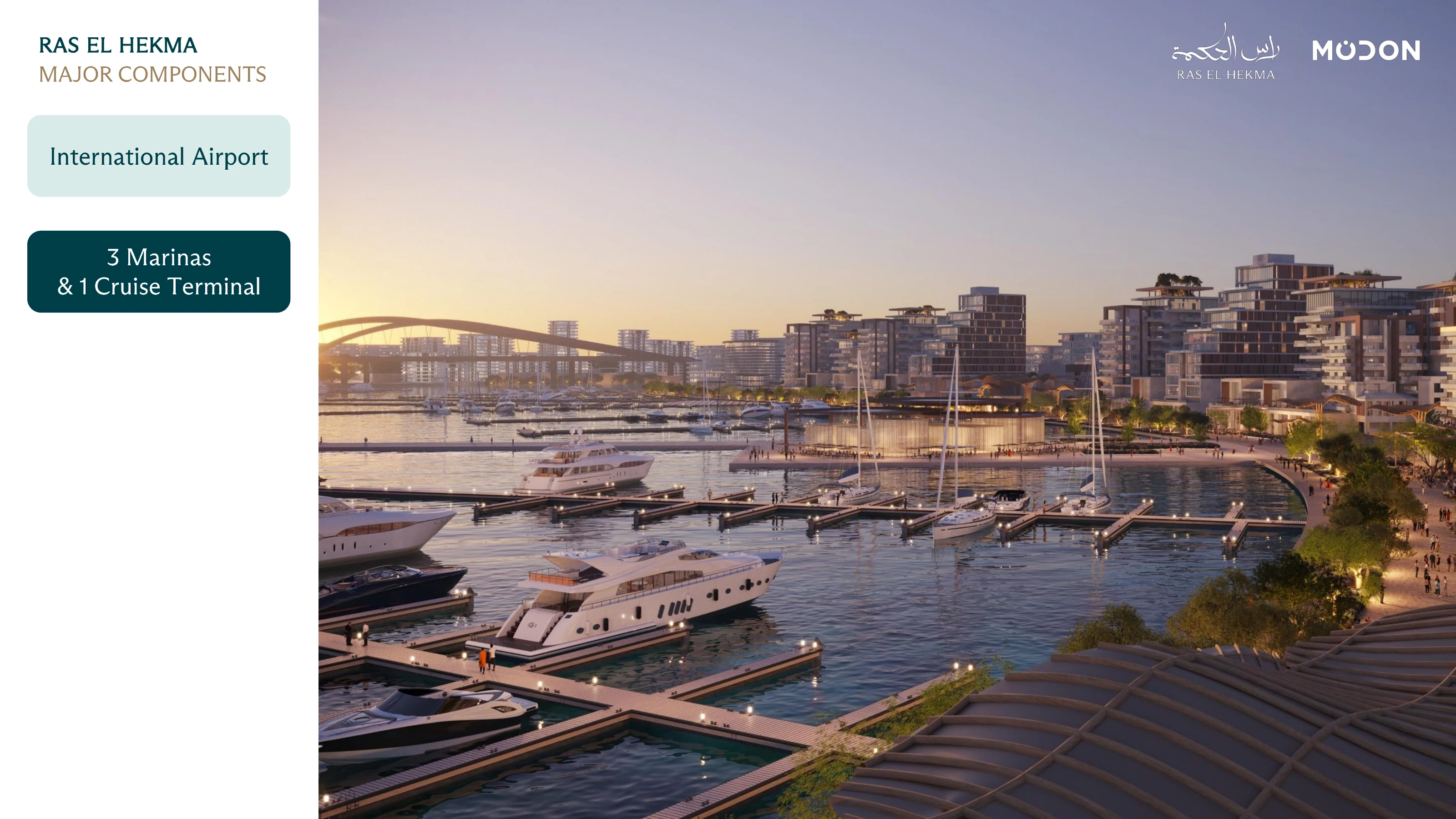 Complete Modon toolkit page illustrating Marinas & cruise terminal; intended development