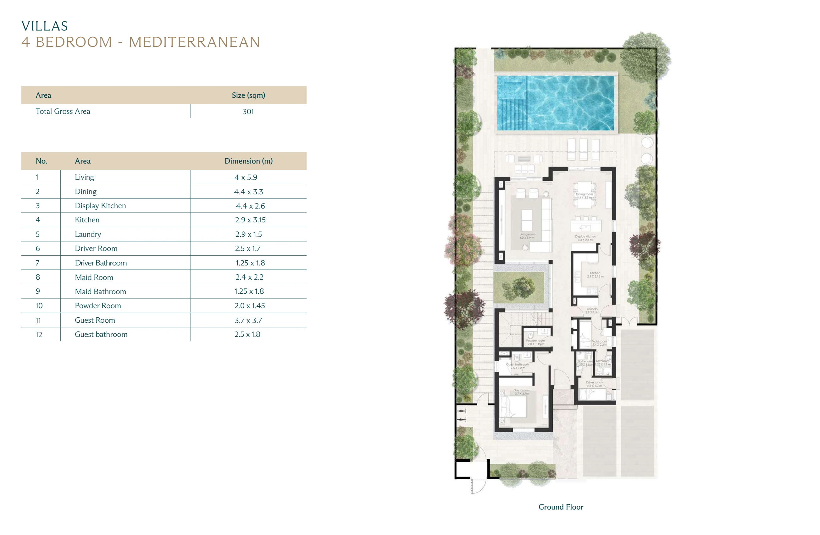 Wadi East villa · 4 bedrooms · Mediterranean · complete Ground floor source page with printed dimensions