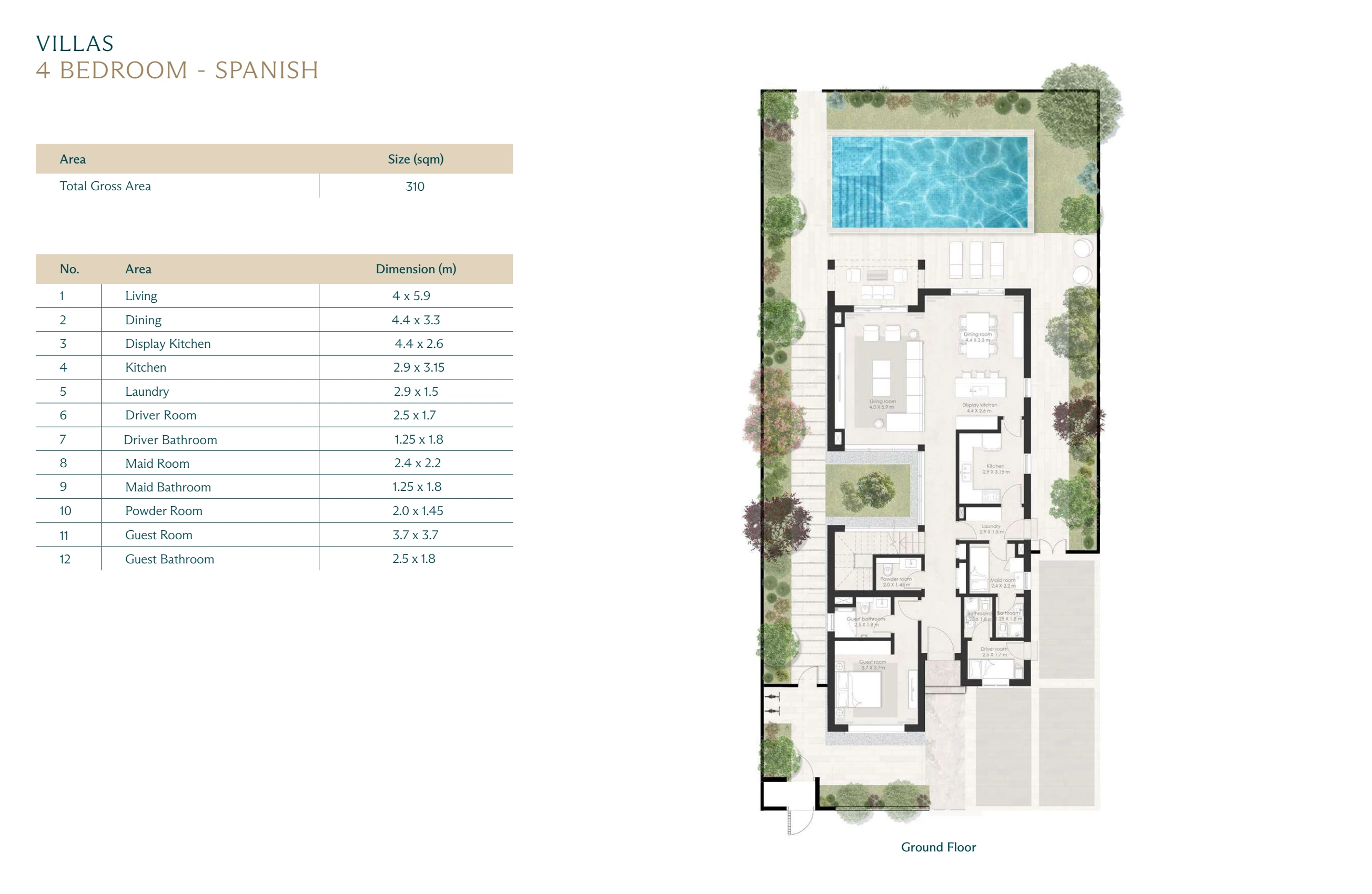 Wadi East villa · 4 bedrooms · Spanish · complete Ground floor source page with printed dimensions
