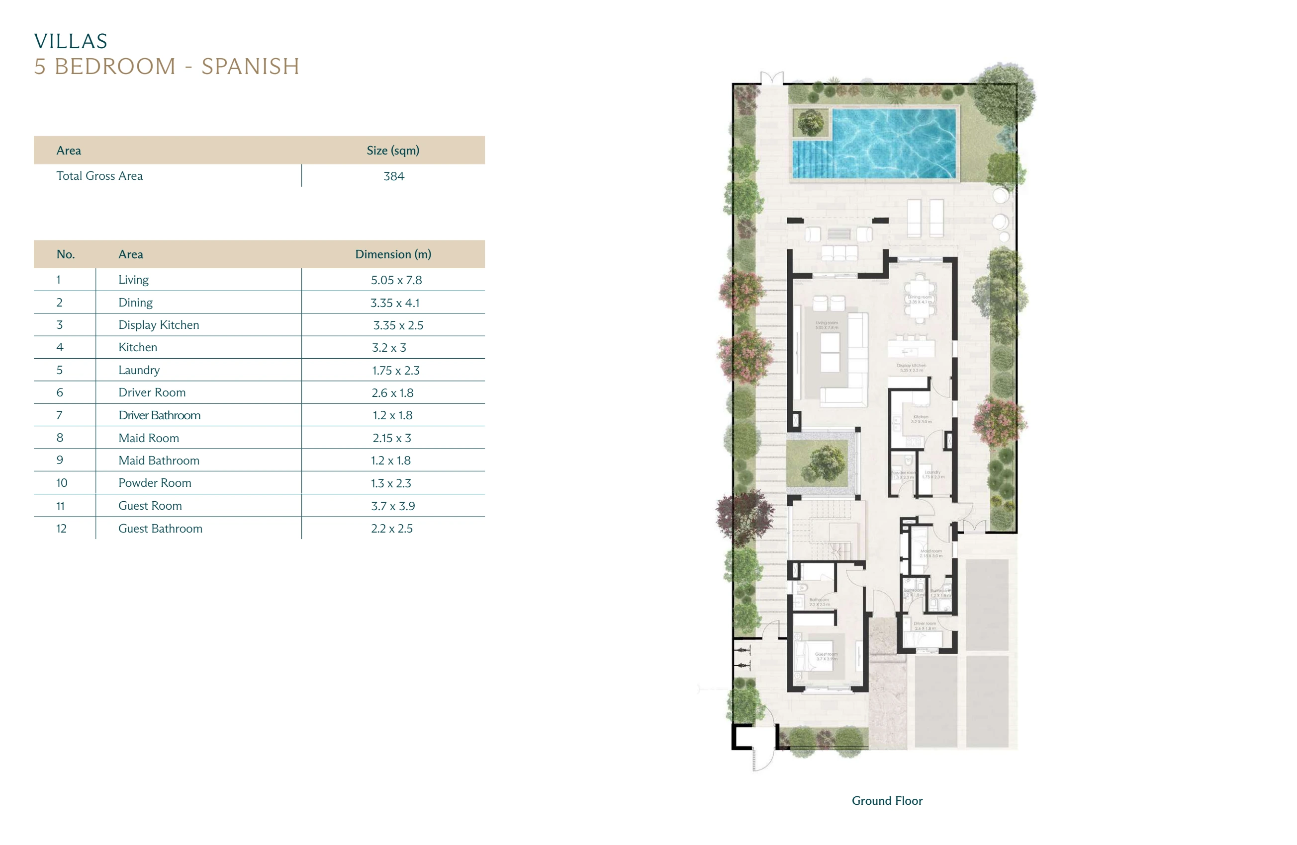 Wadi East villa · 5 bedrooms · Spanish · complete Ground floor source page with printed dimensions