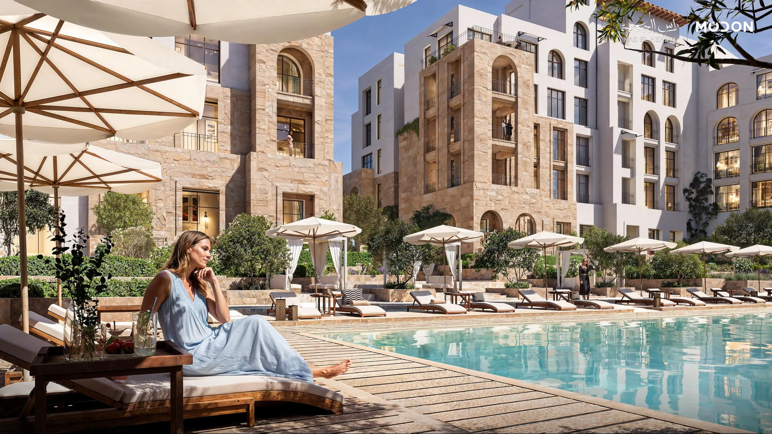 A shared pool between buildings; complete original Modon design page