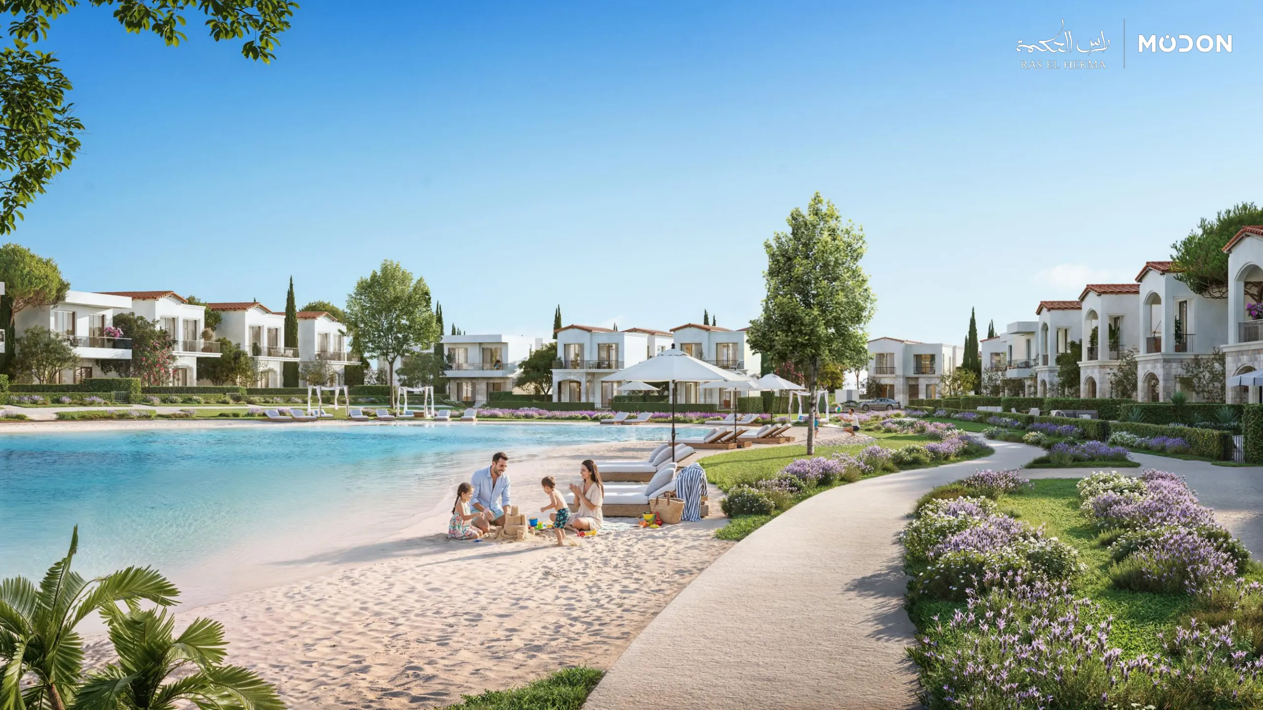Homes behind a lagoon-side path; complete original Modon design page