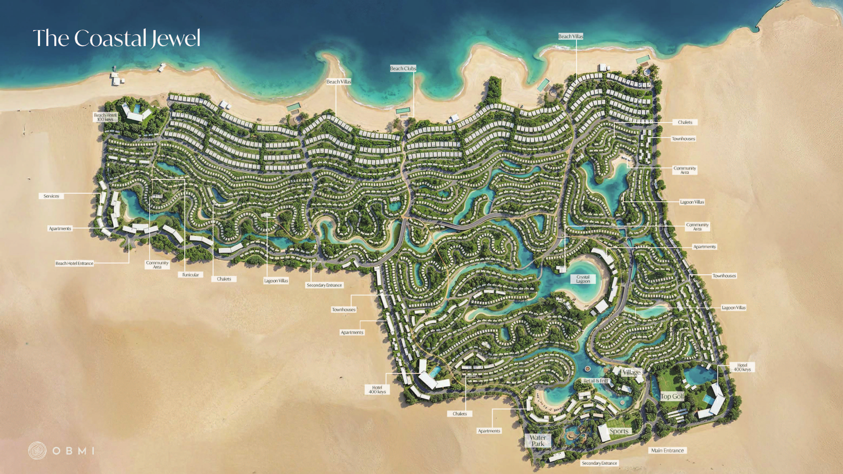 Overhead resort concept plan: coast at top, curving residential terraces, lagoons, internal roads and southern extension. Page 77 labels Beach Villas, Beach Clubs, Beach Hotel 100 Keys, Services, Apartments, Community Area, Funicular, Chalets, Lagoon Villas, Townhouses, Crystal Lagoon, Hotel 400 keys, Village, Retail & FnB, Top Golf, Sports, Water Park, Main Entrance and Secondary Entrance.