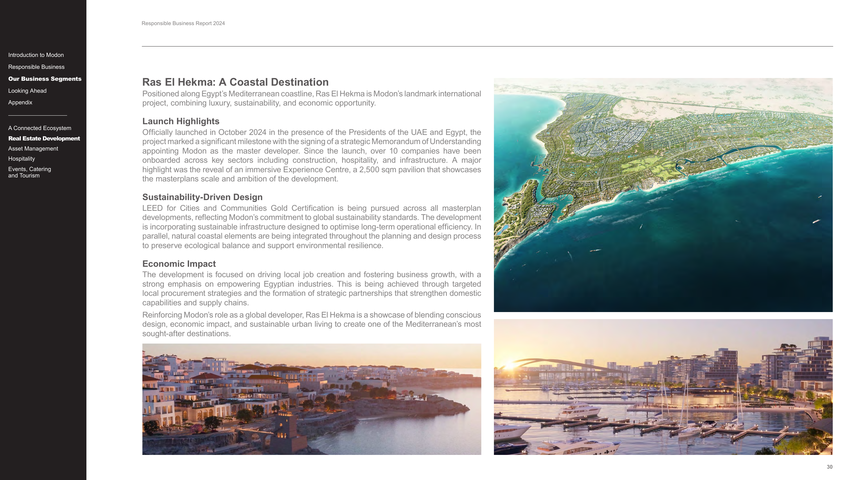 Report page titled Ras El Hekma: A Coastal Destination includes large oblique peninsula/city masterplan rendering with coastal marinas, neighborhoods and open space. No internal district labels. Two additional lifestyle renderings on page.