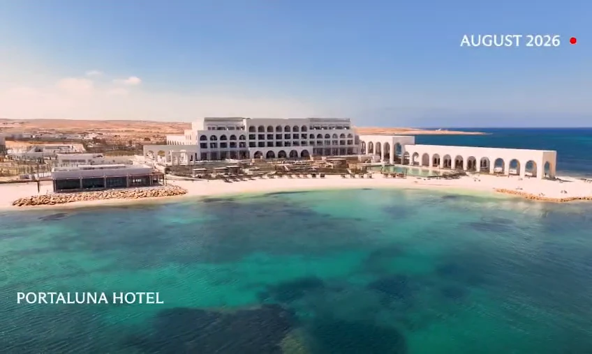 Complete frame from Modon’s August-labelled video showing the complex identified as Portaluna Hotel